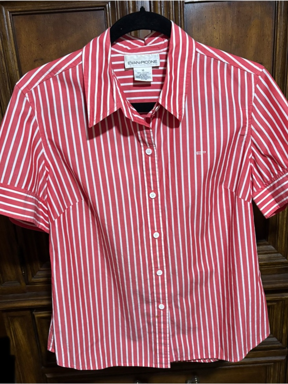 Evan Picone Red and White Striped Short-Sleeve Button-Down Shirt
